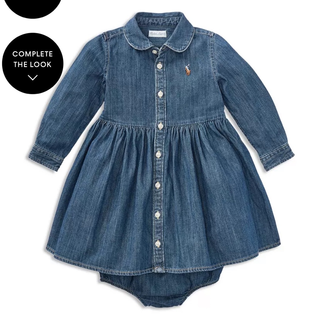 Ralph Lauren Blue Cotton Denim Long Sleeve Collared Dress With Bloomers